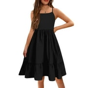 XADYUY Summer Dress for Girls Casual A-Line Spaghetti Strap Midi Dress Cute Loose Solid Color Swing Teens Summer Dress,12-13 Years Black
